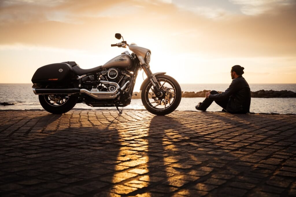 A motorcycle rider wearing protective gear, confidently navigating a winding road with a scenic backdrop.